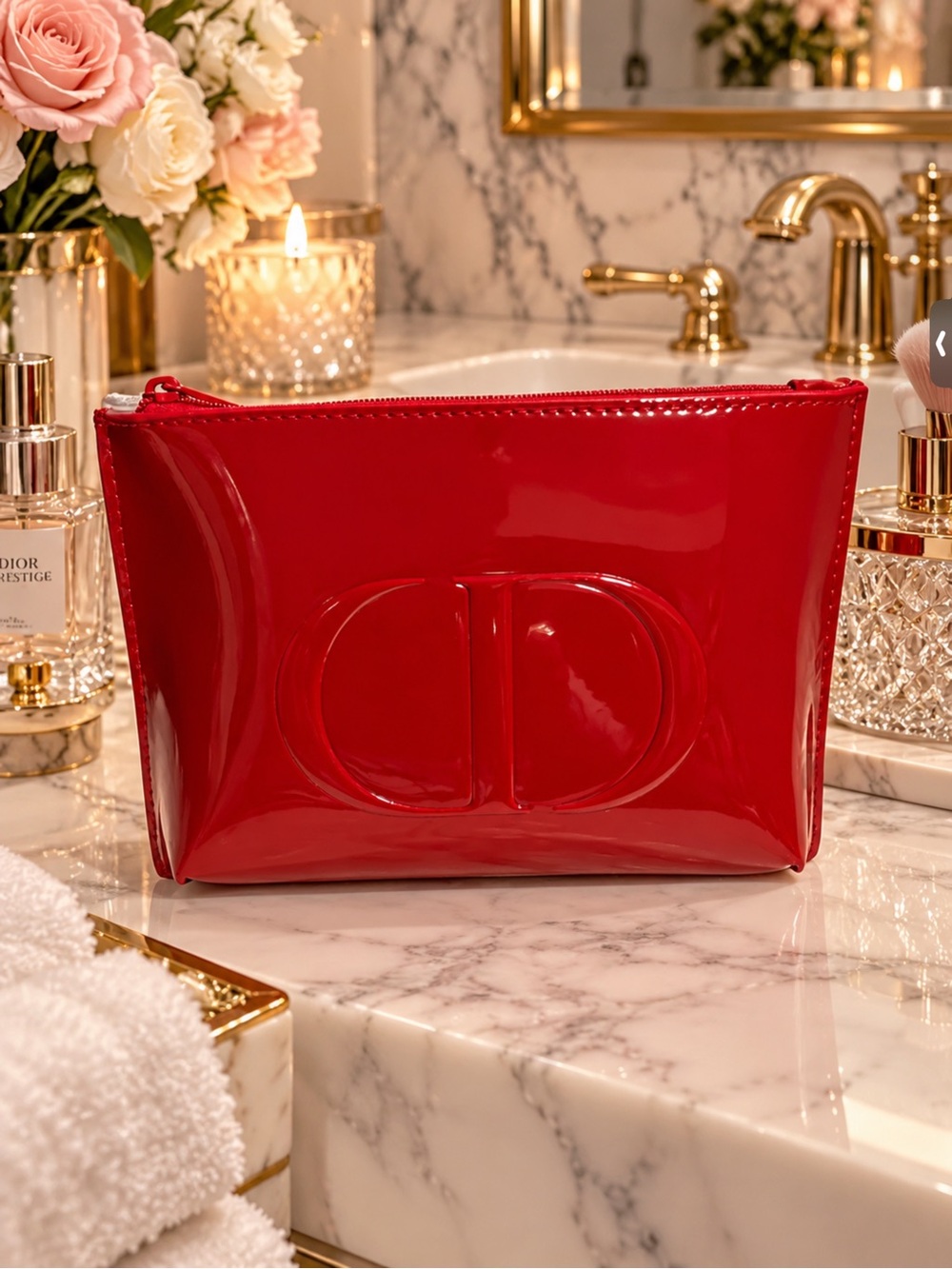 Dior Glossy Red Patent Cosmetic Pouch with Embossed CD